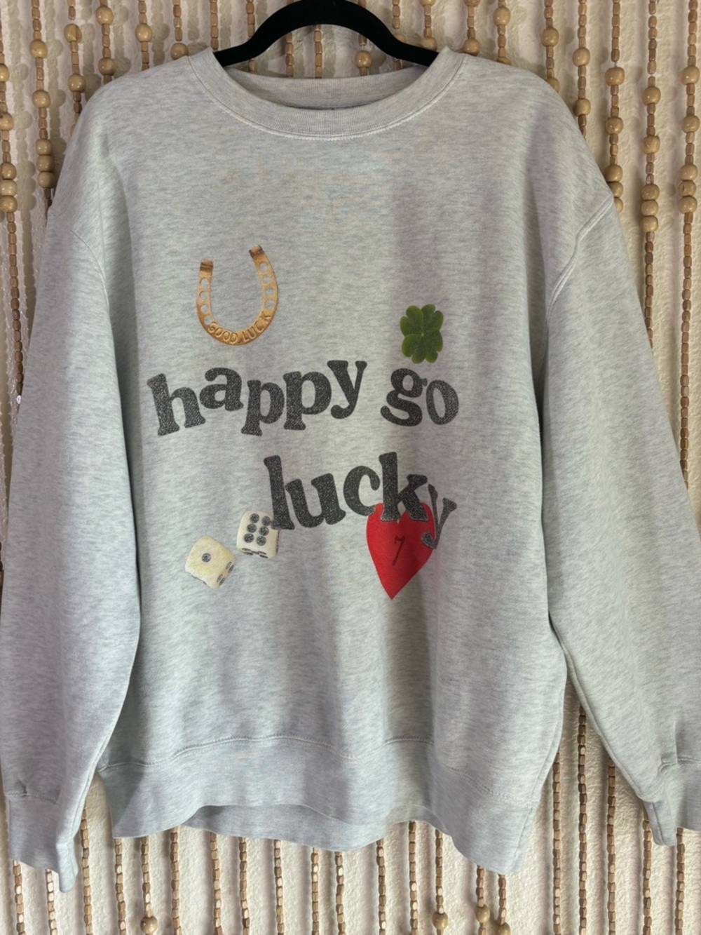 Lane Seven HAPPY GO LUCKY ASH CREWNECK Charm Pullover Long Sleeve Sweatshirt LG